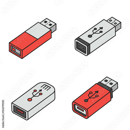 Flash drive realistic set, computer storage device. Small electronic device containing flash memory. Vector flash disk illustration on white background.