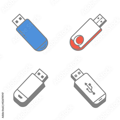 Flash drive realistic set, computer storage device. Small electronic device containing flash memory. Vector flash disk illustration on white background.
