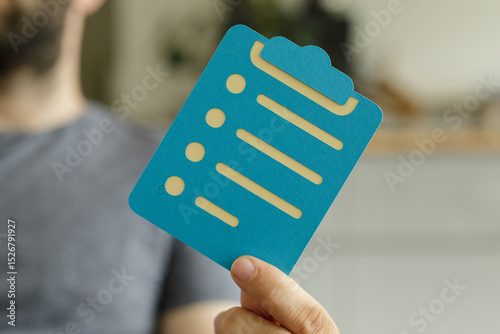 Person holding a teal clipb...