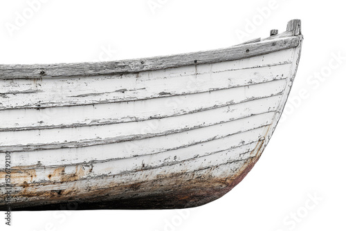 Weathered white wooden boat hull, showing age and wear, detail of planks and paint. background removed photo