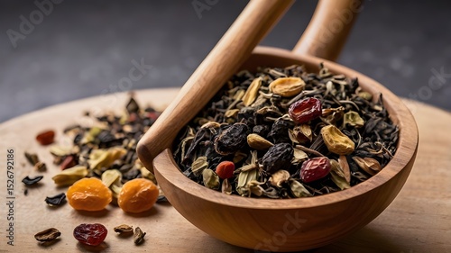 Using a wooden spoon, blend loose leaf tea with dried fruit.