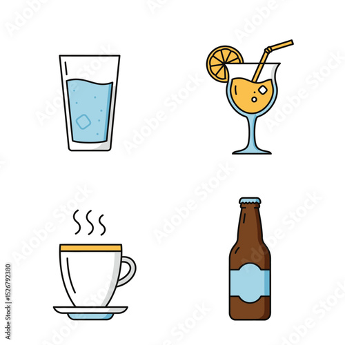 Set of popular classic cocktails. Different alcoholic drinks in various glasses. Summer aperitif garnished with lime twist, orange slice and cherry. Vector illustration of soft and alcohol beverages.