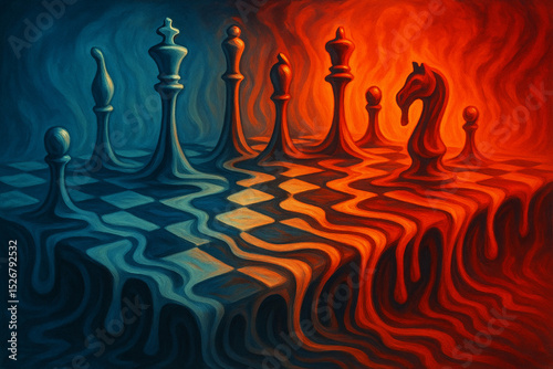Surreal chess pieces on melting board as metaphor for conflict and duality in blue and red tones creating dramatic and intense visual effect