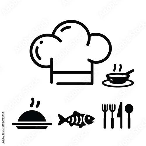  vector icons cooking food chef hat include a pizza slice, a sushi roll, spaghetti and meatballs, a curry bowl burger , fish