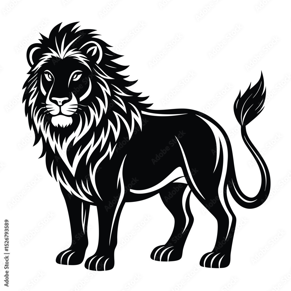 Obraz premium Roaring Lion Silhouette with Detailed Mane in Aggressive Stance on White Background ,ai generator