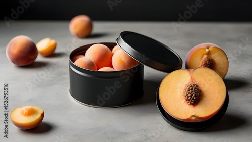 A mockup of a matte black tin can featuring peach spheres and an embossed lid