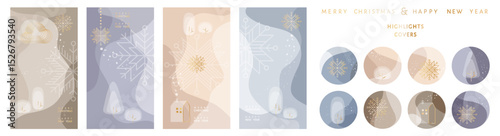 Merry Christmas and Happy New Year media vector layouts kit with minimal golden snowflakes, snowy winter landscape. Bundle of round highlight stories covers.  Abstrbackgrounds modern trendy design