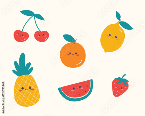 Cute Fruit Characters on isolated background. Vector illustration cartoon flat style