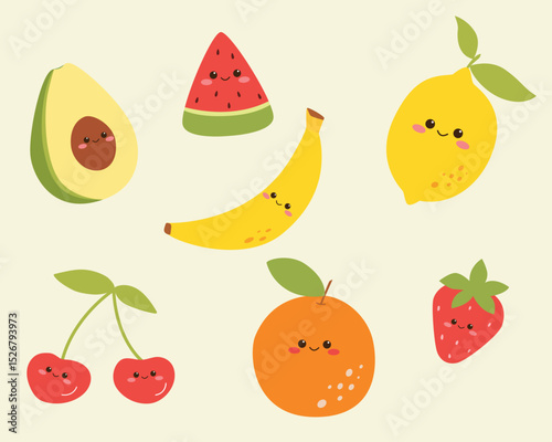 Cute Fruit Characters on isolated background. Vector illustration cartoon flat style