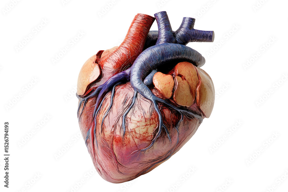 Naklejka premium Detailed 3D rendering of a human heart showcasing its intricate structure and vessels. background removed