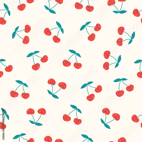 Cute Cherry Seamless Vector Pattern. Cherry Fruit with Faces. Pattern for Summer textile,wrapping paper,background,texture
