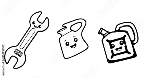 Cute mechanic tools, with emoticons in black and white sketch style