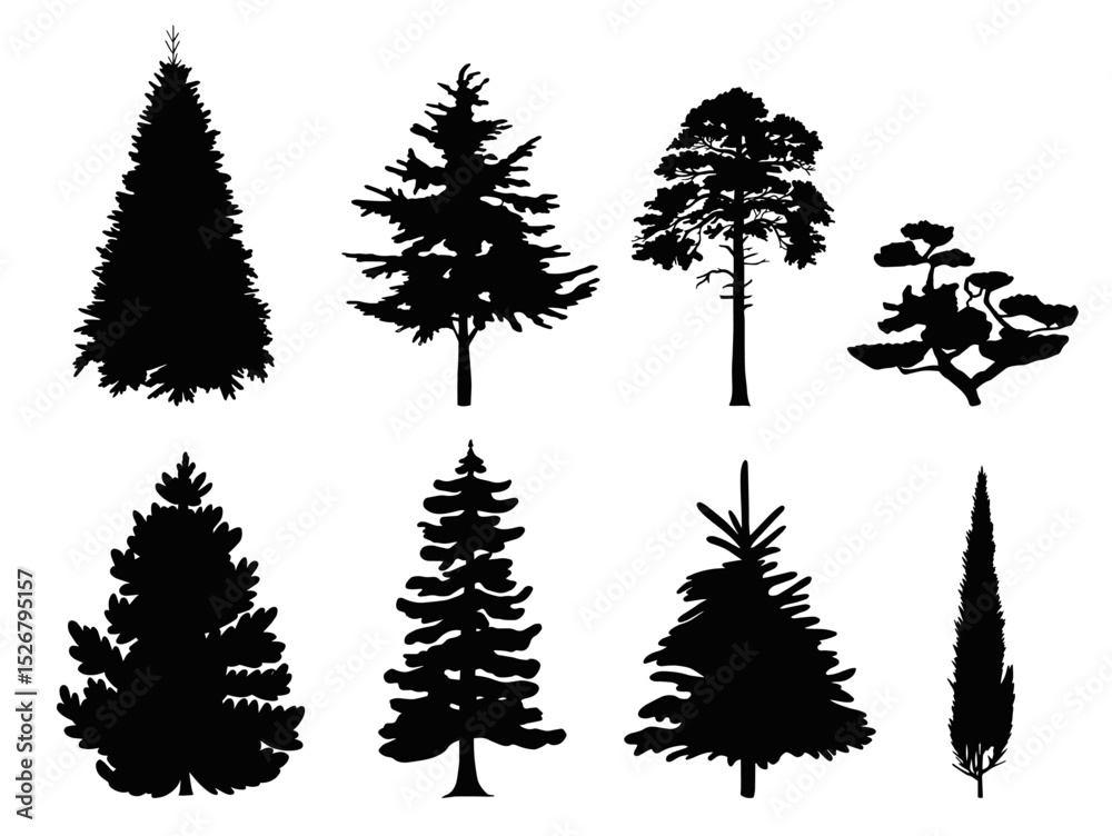 Obraz premium Set of black tree silhouettes. Collection of coniferous and deciduous tree shapes isolated on white background. Nature, forest, park, landscape design elements. Vector illustration