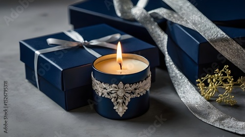 A silver-ribbon gift box with a burning candle in a navy blue color