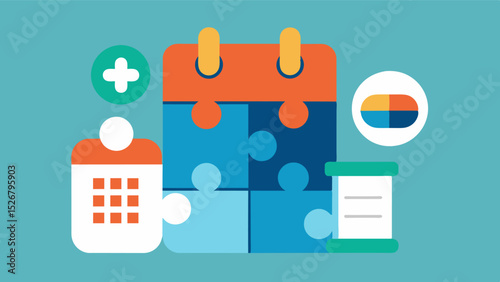 An illustration of a puzzle with missing pieces representing the confusion and potential dangers of not properly managing medication intake. A completed puzzle with a weekly pill. Vector illustration