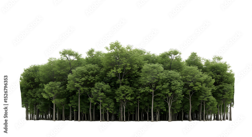 Fototapeta premium A dense stand of healthy green deciduous trees forming a forest edge or isolated grove, on a transparent background