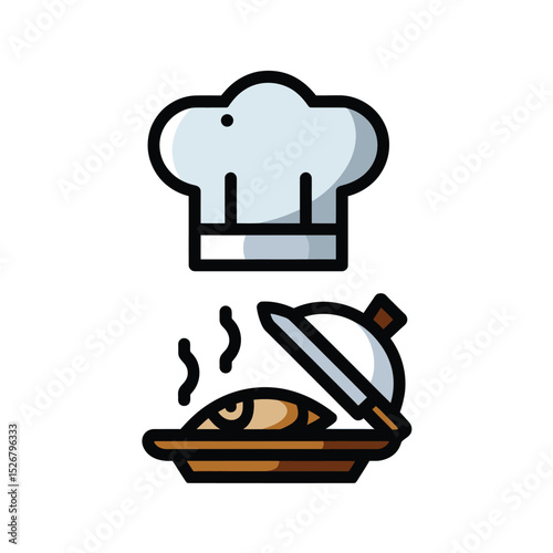  vector icons cooking food chef hat include a pizza slice, a sushi roll, spaghetti and meatballs, a curry bowl burger , fish