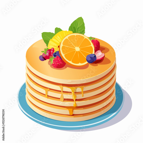 A Stack of Golden Brown Pancakes Topped with Orange Slices and Berries Drizzled with Honey