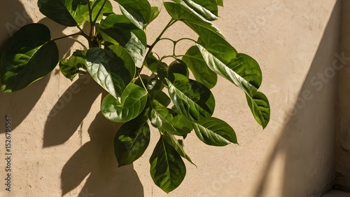 Green leaves dappled by sunlight on a beige wall