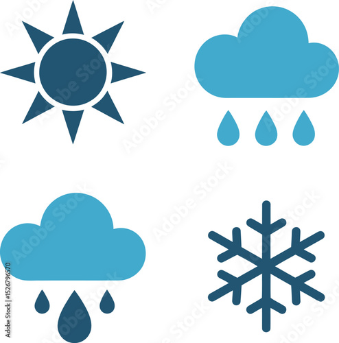 Rain and snow icon set. Blue clouds, snowflakes, storm drops, and winter moisture weather visuals for forecast design