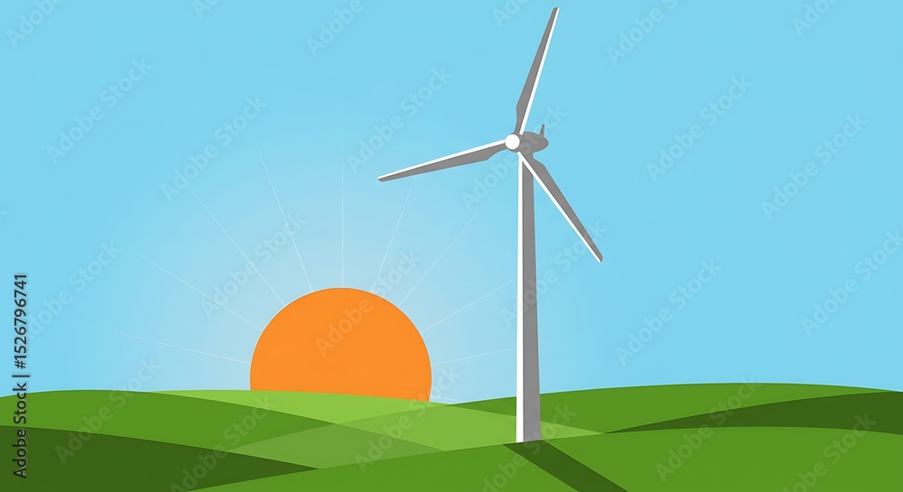Obraz premium Wind turbine on green hills with sunset in clear blue sky 