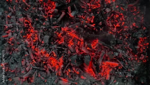 Glowing hot embers and charred wood pieces in a close-up shot, showing the intense heat and fiery glow of a dying fire, perfect for background or texture use.