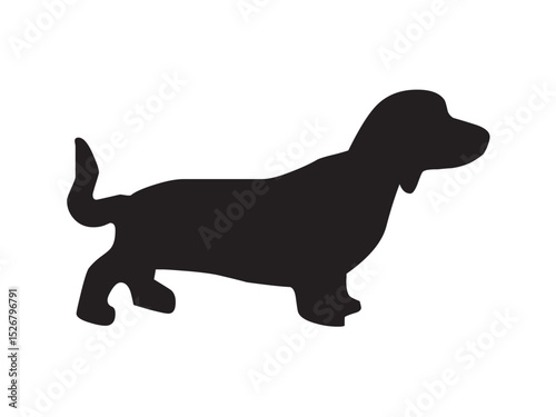 Vector isolated one single dachshund dog side view full body colorless black and white outline silhouette shadow shape stencil solid black