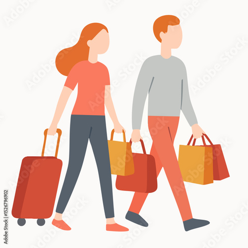 Flat Illustration Couple with Suitcase and Shopping Bag Travel Together