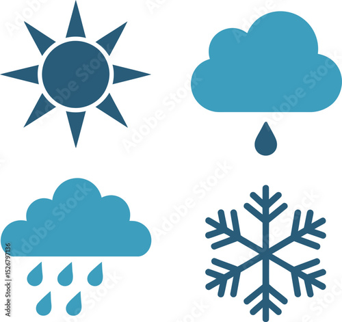 Rain and sunshine icon set. Sun rays, cloudy sky, snowflake and rain symbols for basic weather condition visuals  