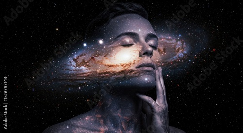 Serene woman cosmic overlay portrait