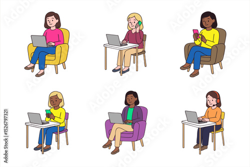 Hand-drawn set of ethnically diverse female remote workers using laptops, smartphones, and headsets. Women in different digital work scenarios. Clean line art vector illustration isolated on white 