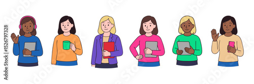 Hand-drawn set of diverse female digital professionals in casual clothing holding tablets, phones, mugs, and folders. Clean line art vector illustration isolated on white background
