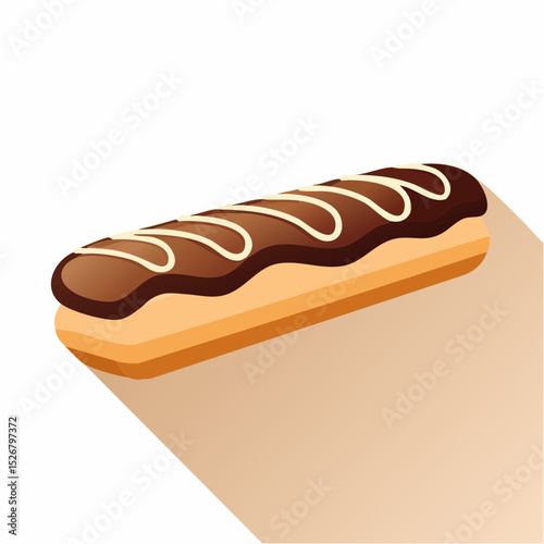 Chocolate Eclair Pastry with Cream Drizzle on White Background