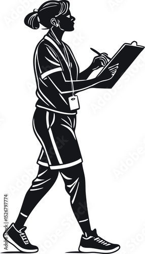  Silhouette of a female basketball coach holding clipboard isolated on Transparent Background
