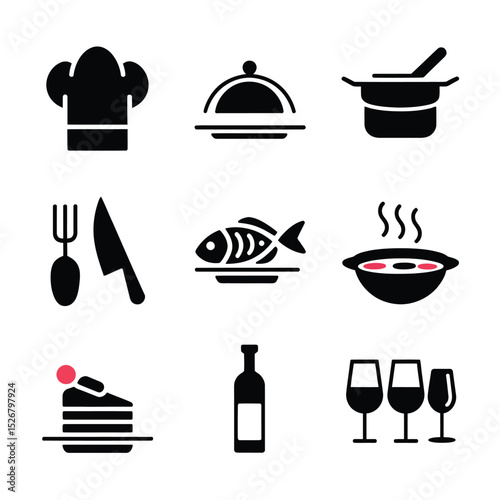 vector icons cooking food chef hat include a pizza slice, a sushi roll, spaghetti and meatballs, a curry bowl burger , fish 
