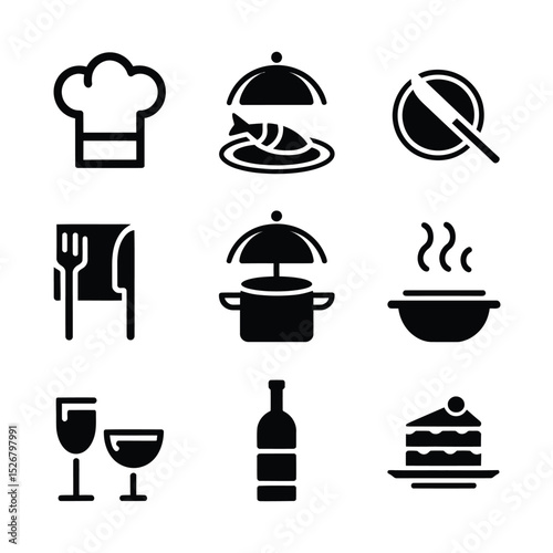 vector icons cooking food chef hat include a pizza slice, a sushi roll, spaghetti and meatballs, a curry bowl burger , fish 
