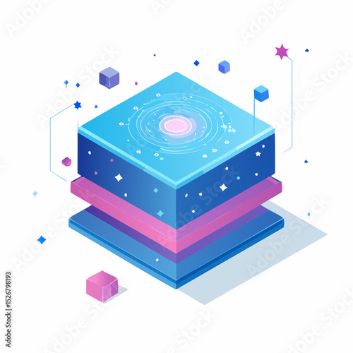 Isometric Abstract Cube Representing Data and Technology with Galaxy Inside