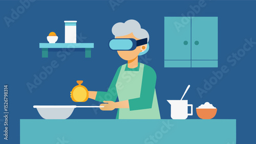 A woman sitting in a virtual kitchen using VR simulations to practice cooking and meal preparation skills as part of her occupational therapy for dementia.. Vector illustration