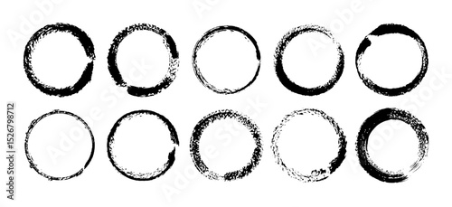 Grunge circle frames. Hand drawn grunge circles with rough brush texture and ink splash effect. Minimalist strokes for logos, labels, banners and prints. Zen art inspired. Vector round borders set