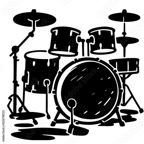 A black and white illustration of a drum kit, showcasing musical instruments.