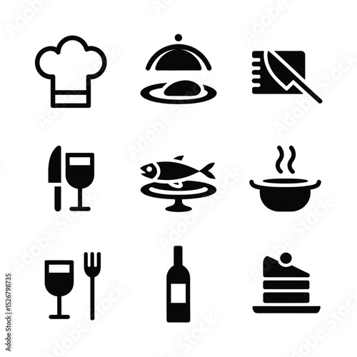 vector icons cooking food chef hat include a pizza slice, a sushi roll, spaghetti and meatballs, a curry bowl burger , fish 
