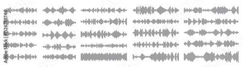 Podcast sound waves. Audio waveforms line icons, sound wave frequency or voice microphone signals. Music, podcast and broadcast, UI and audio branding design. Isolated vector set