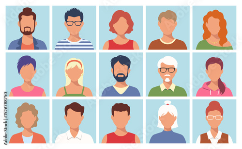 Avatar profile icons. Faceless female and male avatars, men and women portraits with various hairstyles, clothing and ages. User profiles, team page, community apps icons. Flat vector characters set