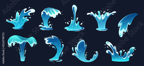 Water splashes. Cartoon blue water splash and sea wave forms with drops, ocean swirls, tidal liquid flows with foam and ripple. Game and summer pool design. Isolated vector marine elements