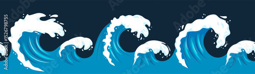 Sea wave seamless border. Cartoon ocean storm waves with curling foam for surf, beach and water sport concept. Isolated vector horizontal wavy endless frame border