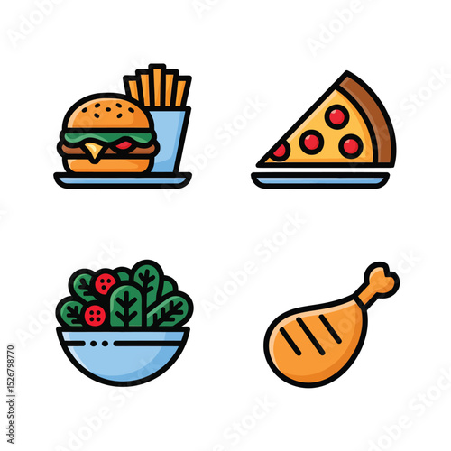 vector icons cooking food chef hat include a pizza slice, a sushi roll, spaghetti and meatballs, a curry bowl burger , fish 
