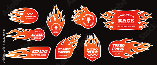 Flame emblem. Racing car flaming decal or logos with dynamic fire and typography, speed and power badges. Motorsport, hotrod and car racing labels, flammable patches. vector stickers isolated set