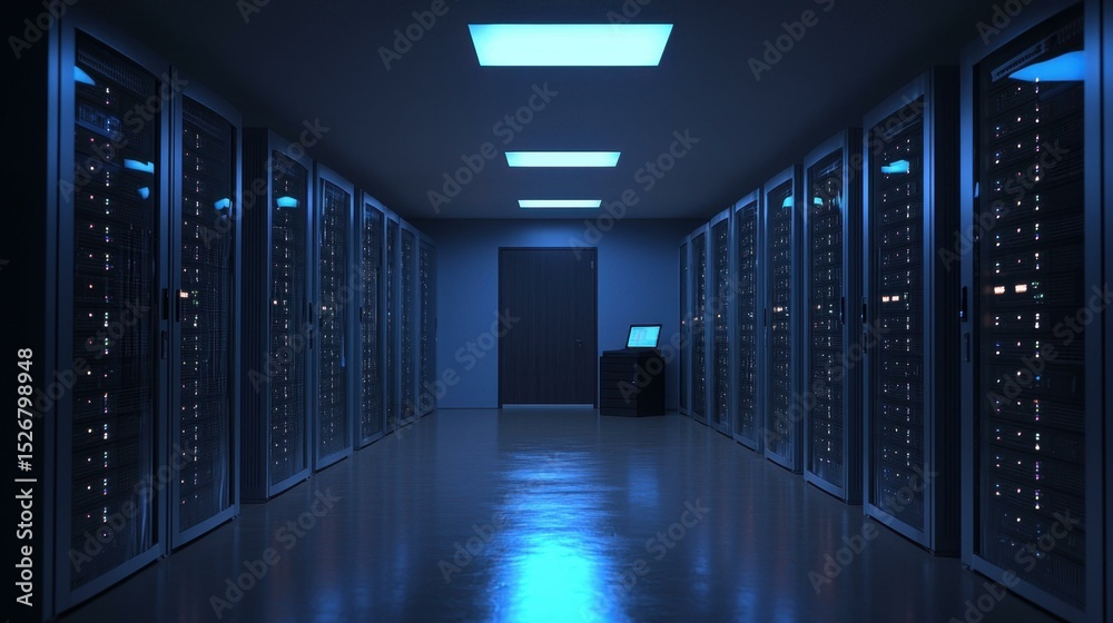 Fototapeta premium Long data center IT server room, datacenter hardware cluster, server racks with blinking LED lights, data storage in blue tones, Copy space