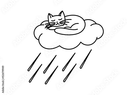Cute sleeping kitten on rainy cloud, minimal linear outline vector illustration.