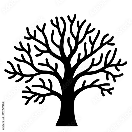 A bare, black silhouette tree illustration, symbolizing winter or nature.